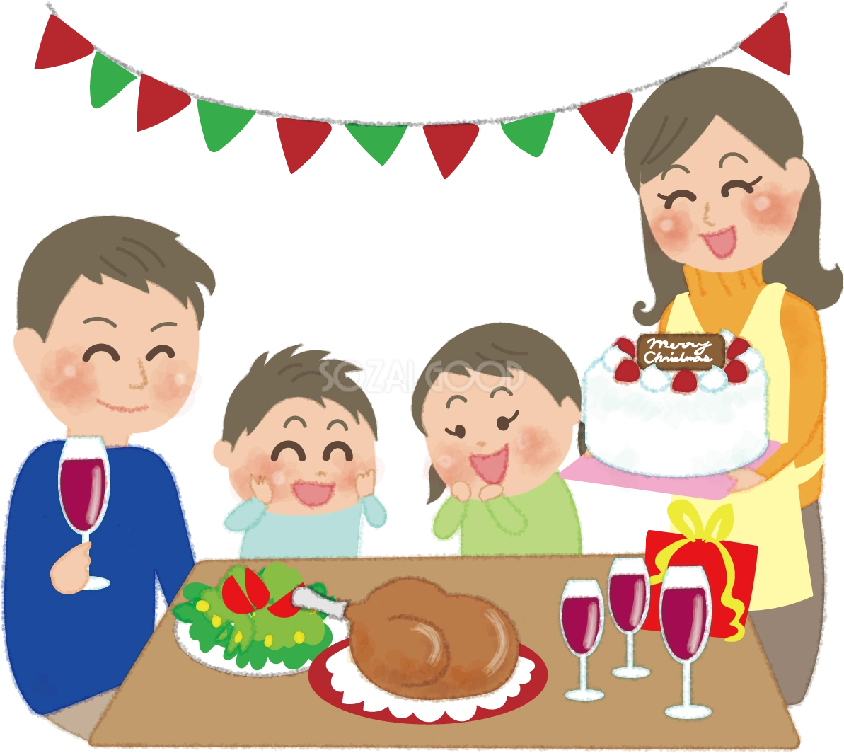 クリスマスパーティをする家族の無料イラスト58637