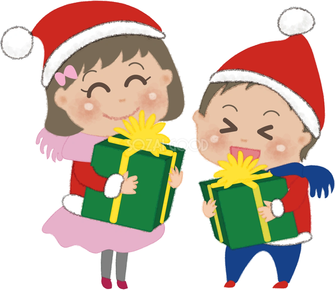 クリスマスプレゼントを抱く子どもの姉妹兄弟の無料イラスト58695