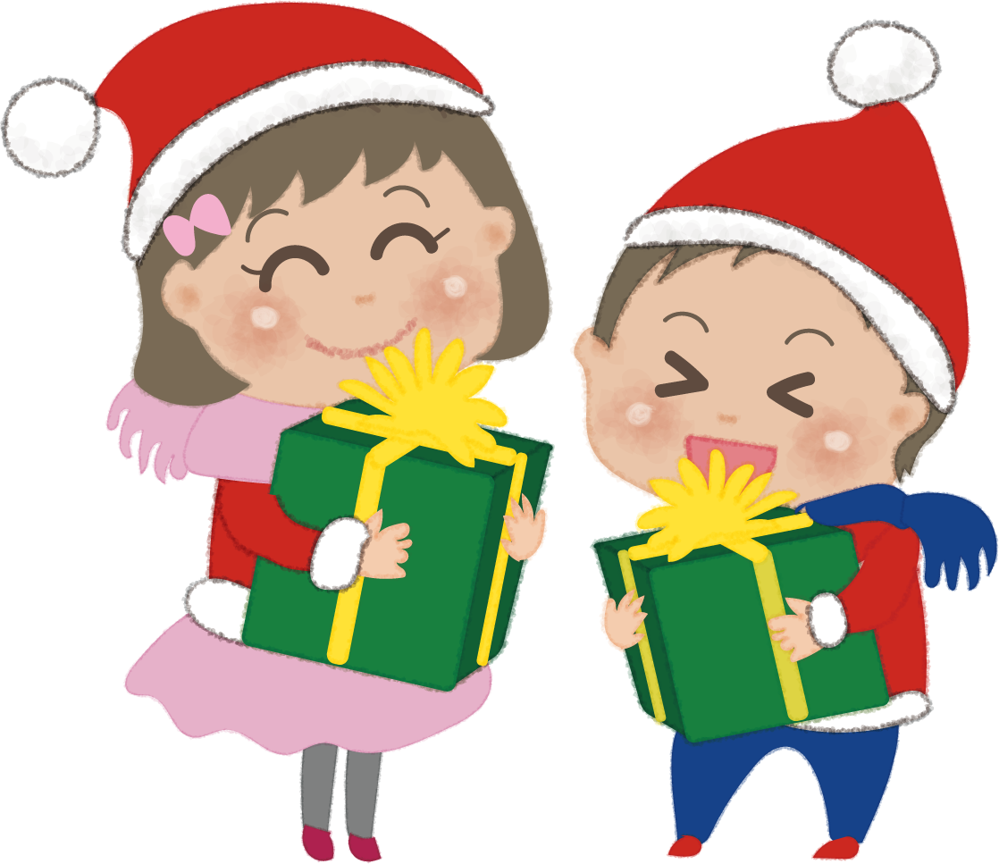 クリスマスプレゼントを抱く子どもの姉妹兄弟の無料イラスト58695に写真・文字を入れる