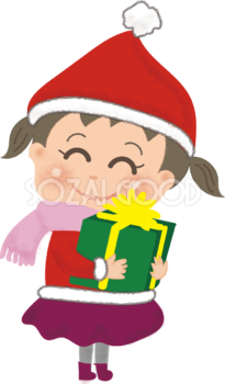 クリスマスプレゼントを抱く女の子の無料イラスト58700