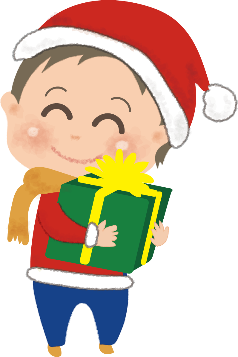 クリスマスプレゼントを抱く男の子の無料イラスト58713に写真・文字を入れる