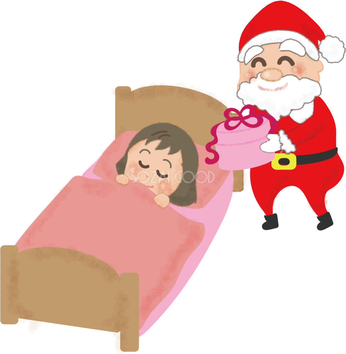 クリスマスプレゼントを枕元に置くサンタの無料イラスト58721