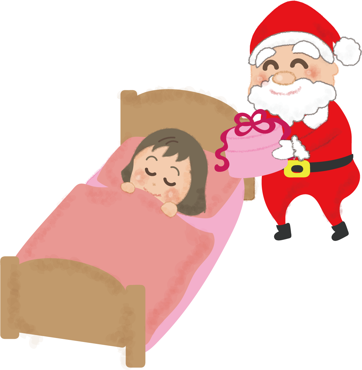 クリスマスプレゼントを枕元に置くサンタの無料イラスト58721に写真・文字を入れる