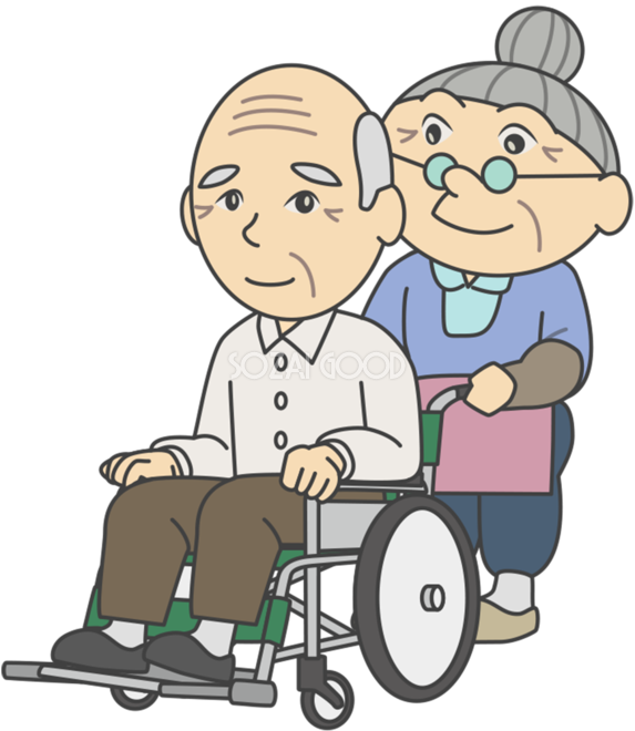 おじいちゃんを介護するおばあちゃん 車椅子編 無料イラスト 素材good