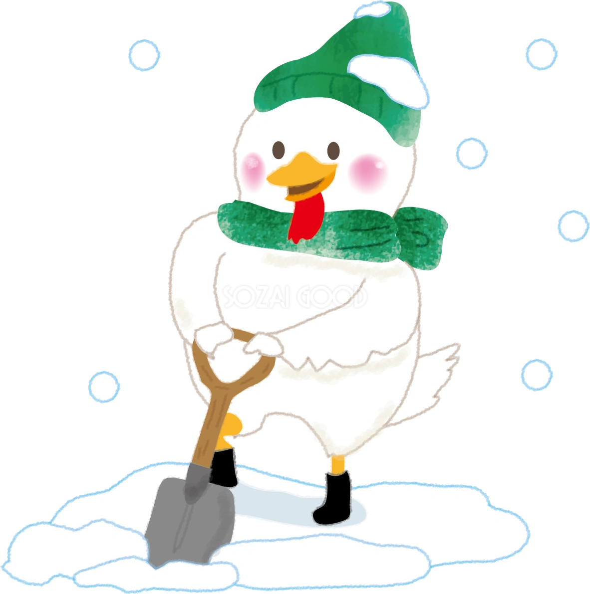 酉の無料イラスト かわいいスコップで雪かき2017干支58944