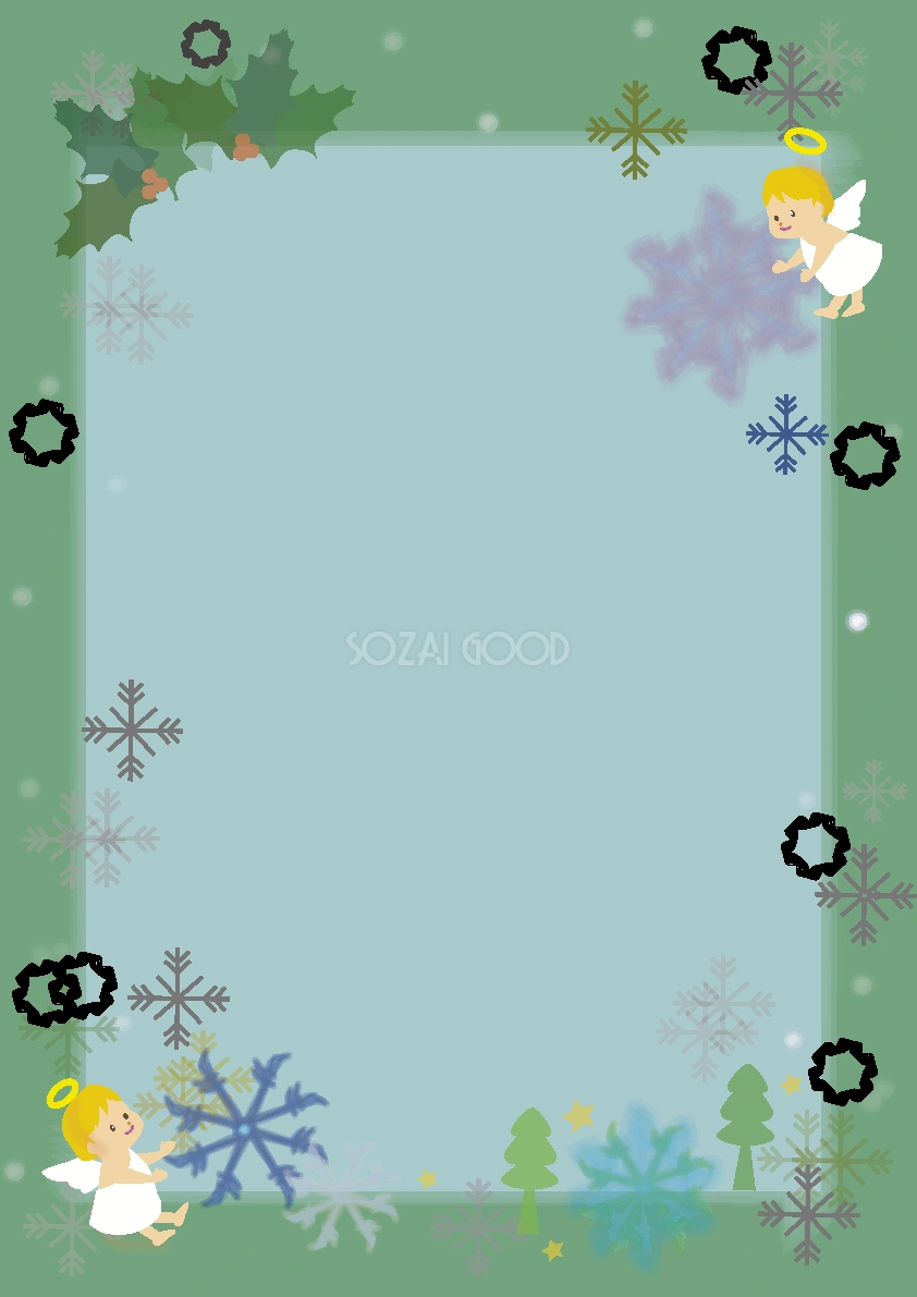 クリスマス(天使と雪の結晶)縦のフレーム枠無料イラスト59039