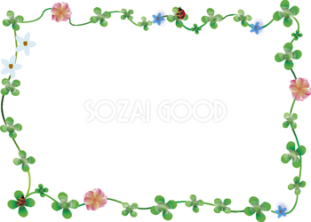 かわいい四つ葉(四つ葉とお花)フレーム飾り枠の無料イラスト59209