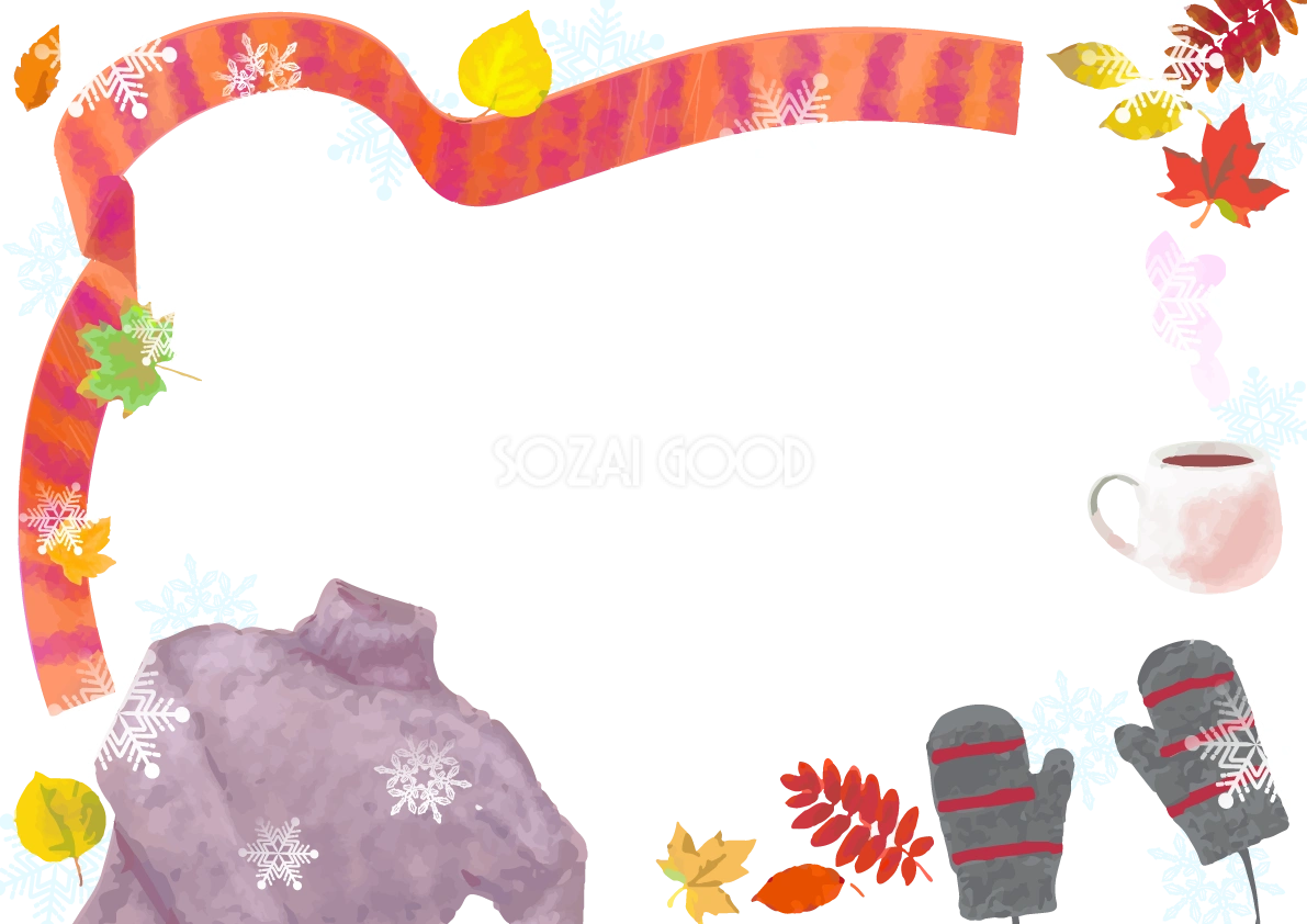 冬のマフラー・雪紅葉(もみじ)フレーム枠無料イラスト59957