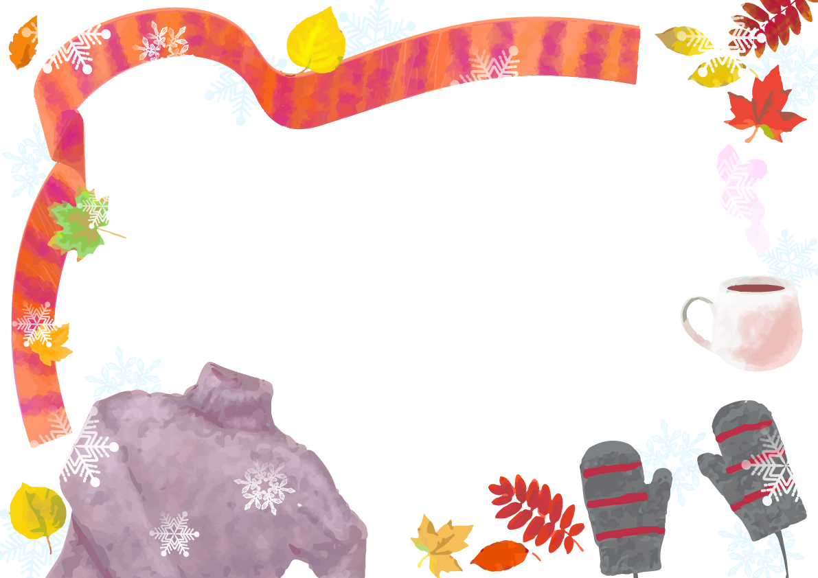 冬のマフラー・雪紅葉(もみじ)フレーム枠無料イラスト59957に写真・文字を入れる