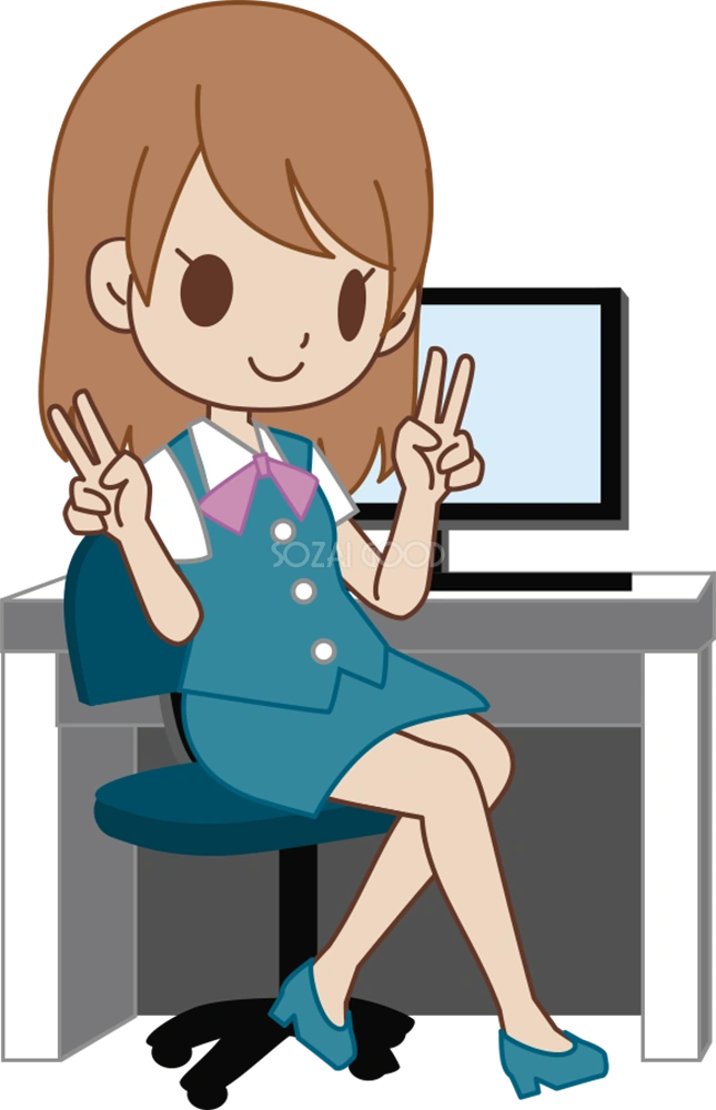 OLがデスクに座りピース  ビジネスマン 無料イラスト