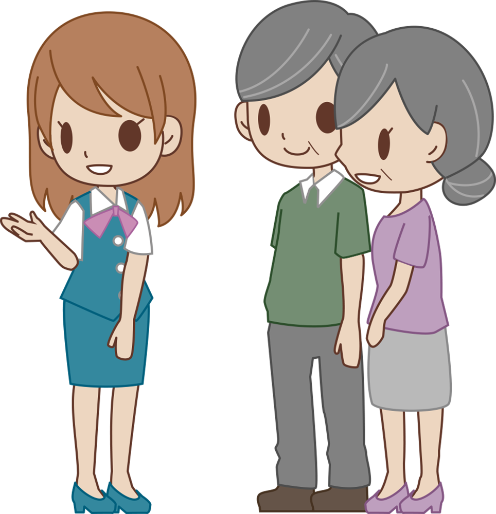 女性 OLが夫婦のお客様をご案内  無料イラストに写真・文字を入れる