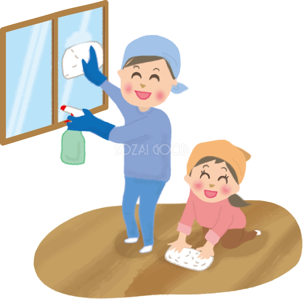 夫婦で仲良く大掃除の年末無料イラスト60701