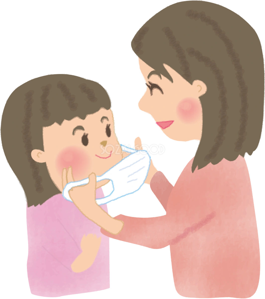 お母さんにマスクを付けてもらう女の子の無料イラスト61056