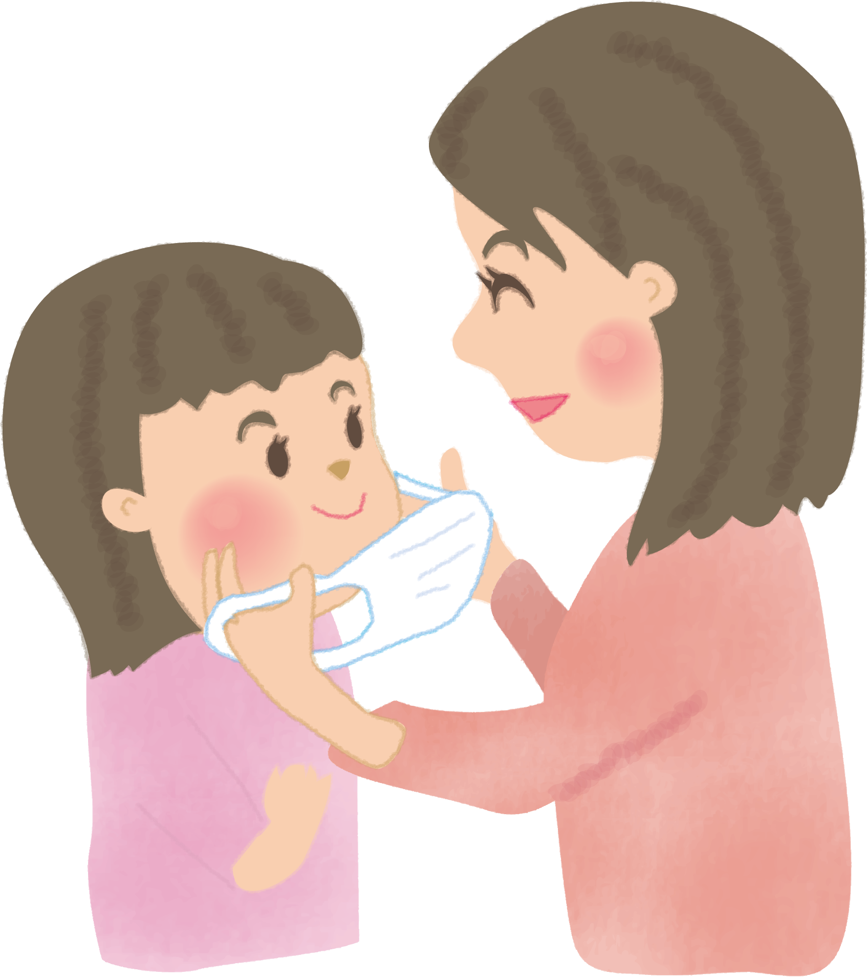 お母さんにマスクを付けてもらう女の子の無料イラスト61056に写真・文字を入れる