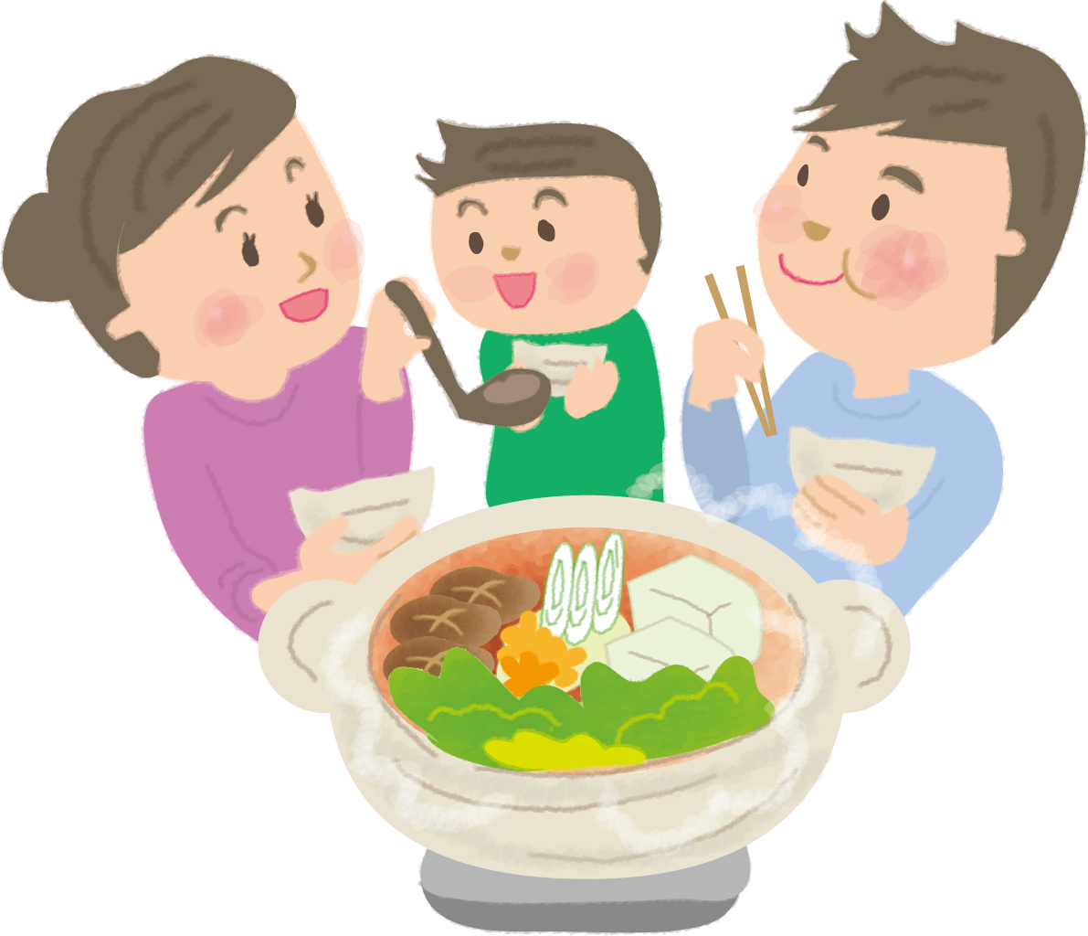 鍋を囲む家族の無料イラスト61128に写真・文字を入れる