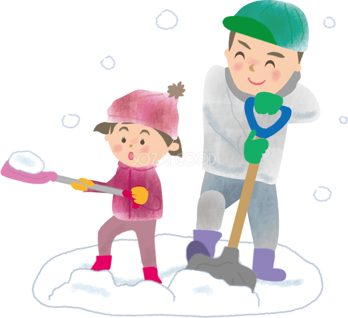 雪かきをするお父さんと女の子の無料イラスト61665