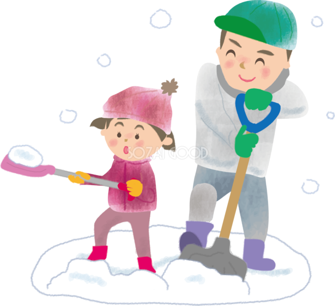 雪かきをするお父さんと女の子の無料イラスト 素材good