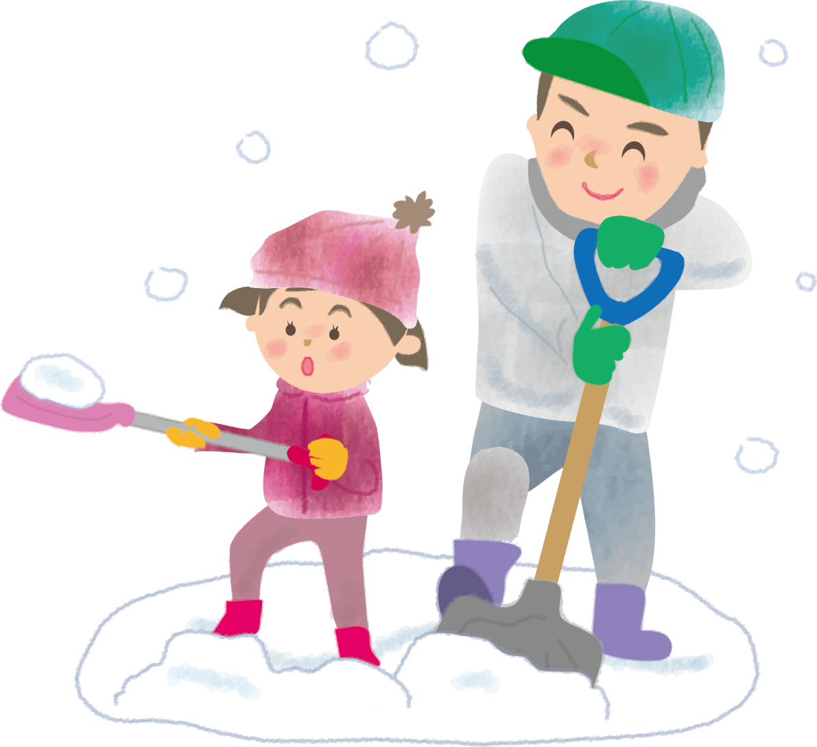 雪かきをするお父さんと女の子の無料イラスト61665に写真・文字を入れる