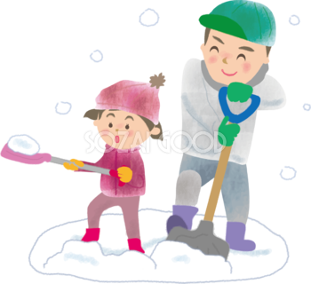 雪かきをするお父さんと女の子の無料イラスト61665