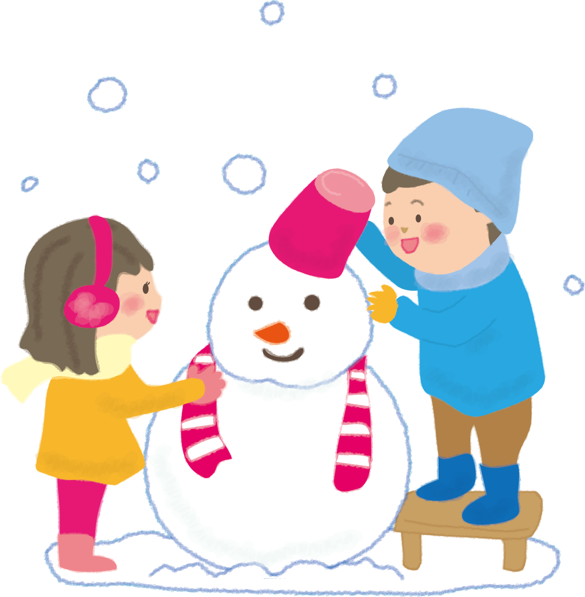 雪だるまをつくる女の子と男の子の無料イラスト61677に写真・文字を入れる