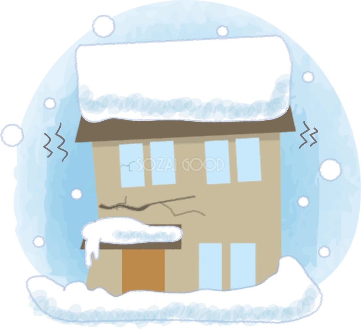 雪の重みで倒壊しそうな家の無料イラスト61705