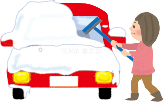スノーブラシで車の窓ガラスの雪を落とす女性の無料イラスト 素材good
