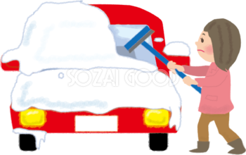スノーブラシで車の窓ガラスの雪を落とす女性の無料イラスト61769