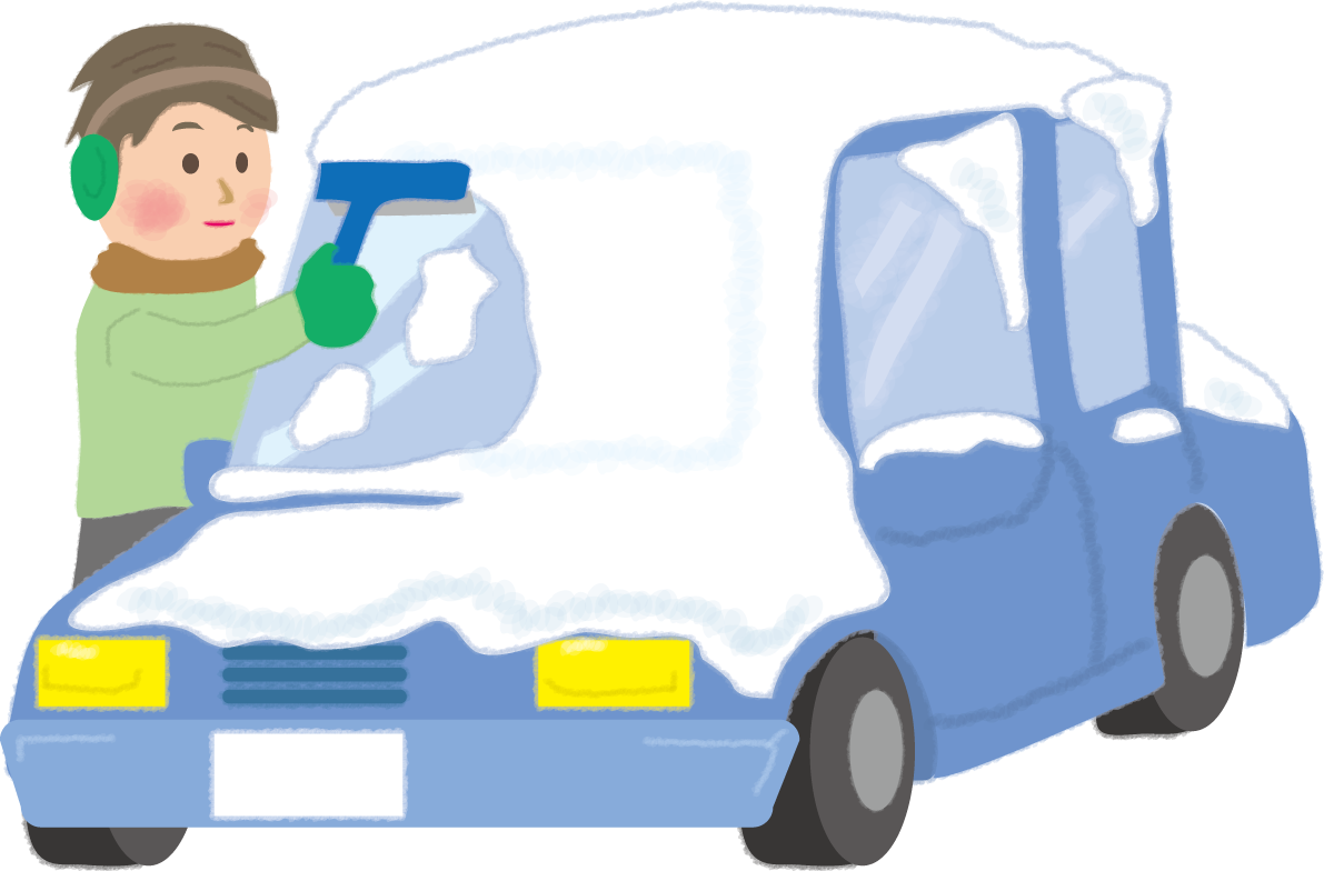 男性が車の窓ガラスの雪を落とす無料イラスト61817に写真・文字を入れる