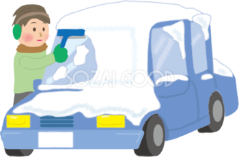 男性が車の窓ガラスの雪を落とす無料イラスト61817
