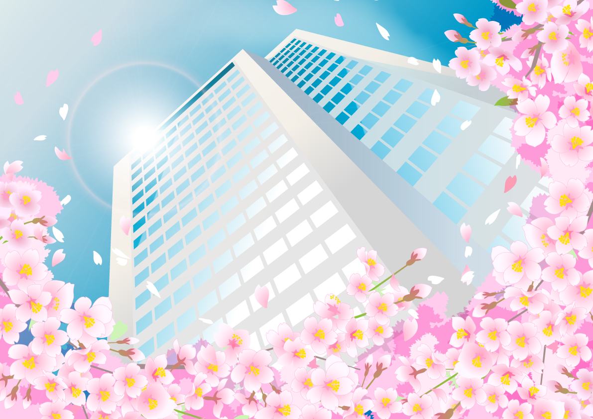 桜満開の会社の背景無料イラスト62429に写真・文字を入れる