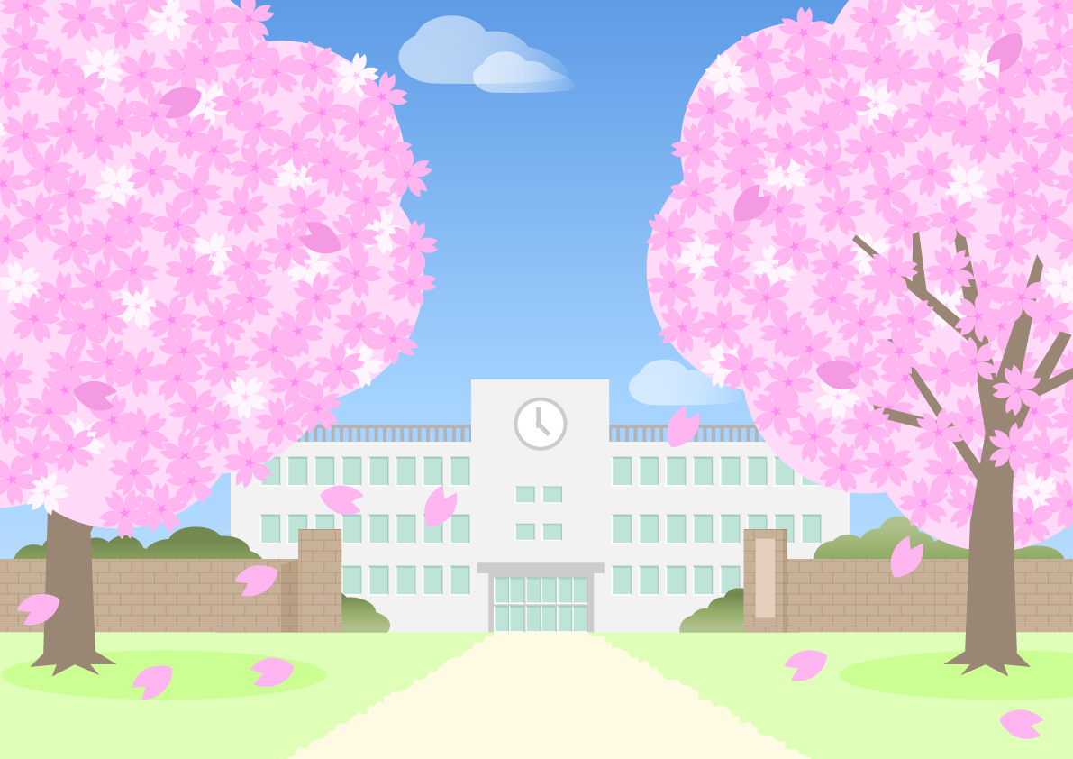 桜満開の学校の背景無料イラスト62433に写真・文字を入れる