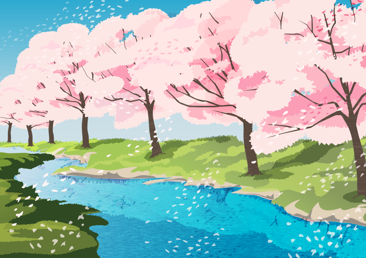 リアルな桜の木満開の川辺の背景無料イラスト62445に写真・文字を入れる