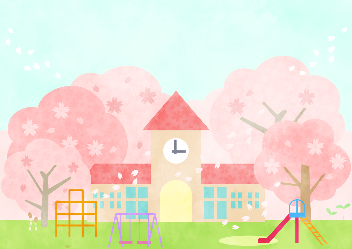桜満開の幼稚園の背景無料イラスト62449に写真・文字を入れる