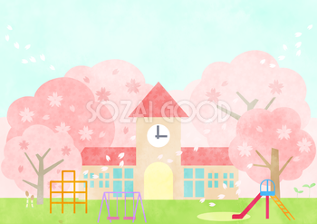 桜満開の幼稚園の背景無料イラスト62449