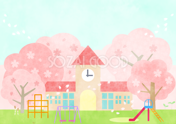 桜満開の幼稚園の背景無料イラスト 素材good