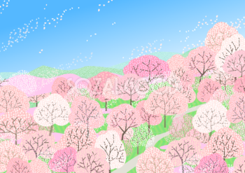 上空から見た桜満開の山の背景無料イラスト62457