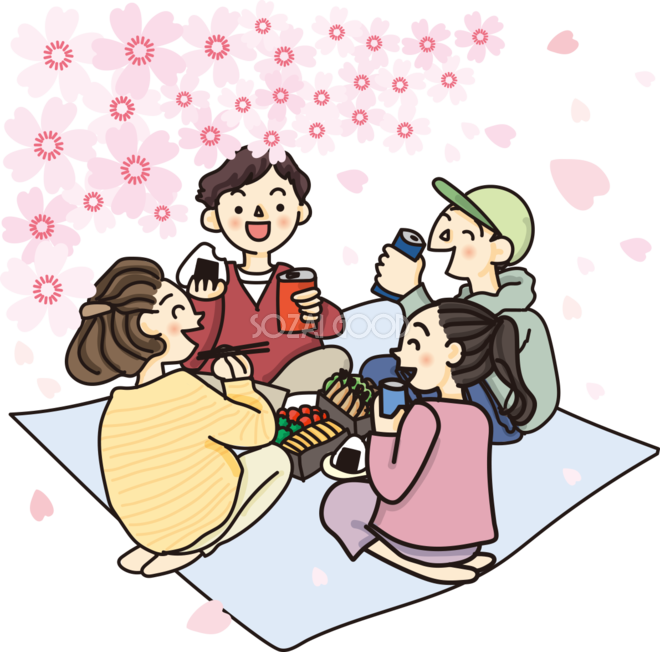 花見の桜を見ながらシートを広げてお弁当を食べる宴会の無料イラスト 素材good
