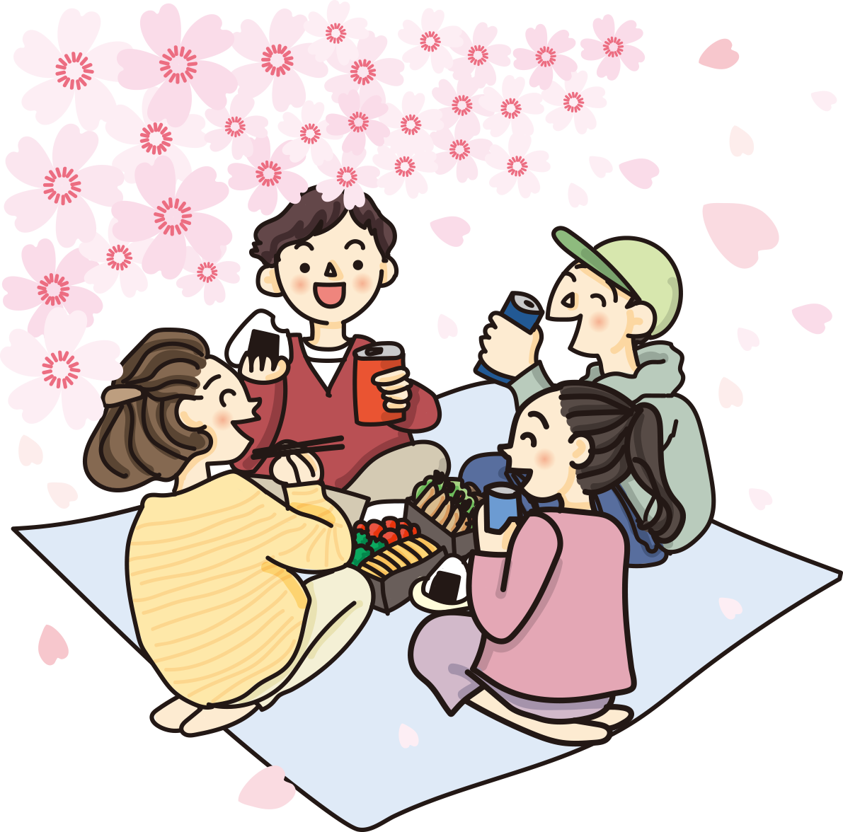 花見の桜を見ながらシートを広げてお弁当を食べる宴会の無料イラスト62545に写真・文字を入れる