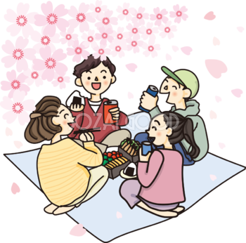 花見の桜を見ながらシートを広げてお弁当を食べる宴会の無料イラスト62545