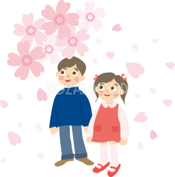 子供（男の子と女の子）が桜を花見する無料イラスト62549