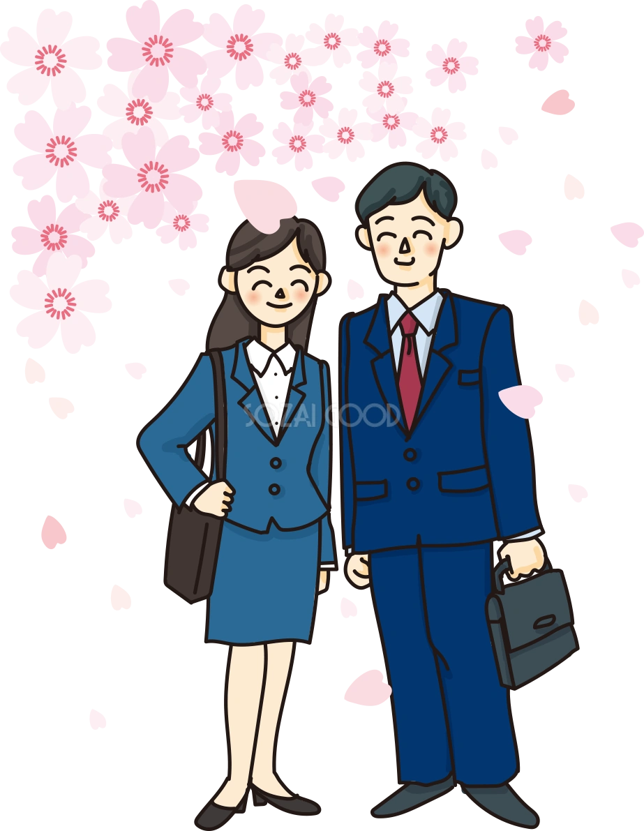 桜の花と新入生や新社会人がスーツを着た無料イラスト62653