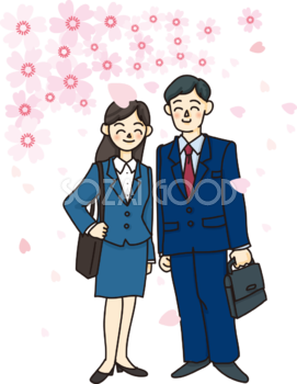 桜の花と新入生や新社会人がスーツを着た無料イラスト62653
