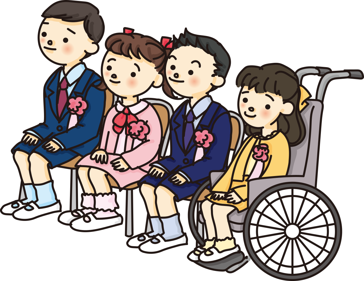 車いすの生徒が入学式に出席している無料イラスト62659に写真・文字を入れる