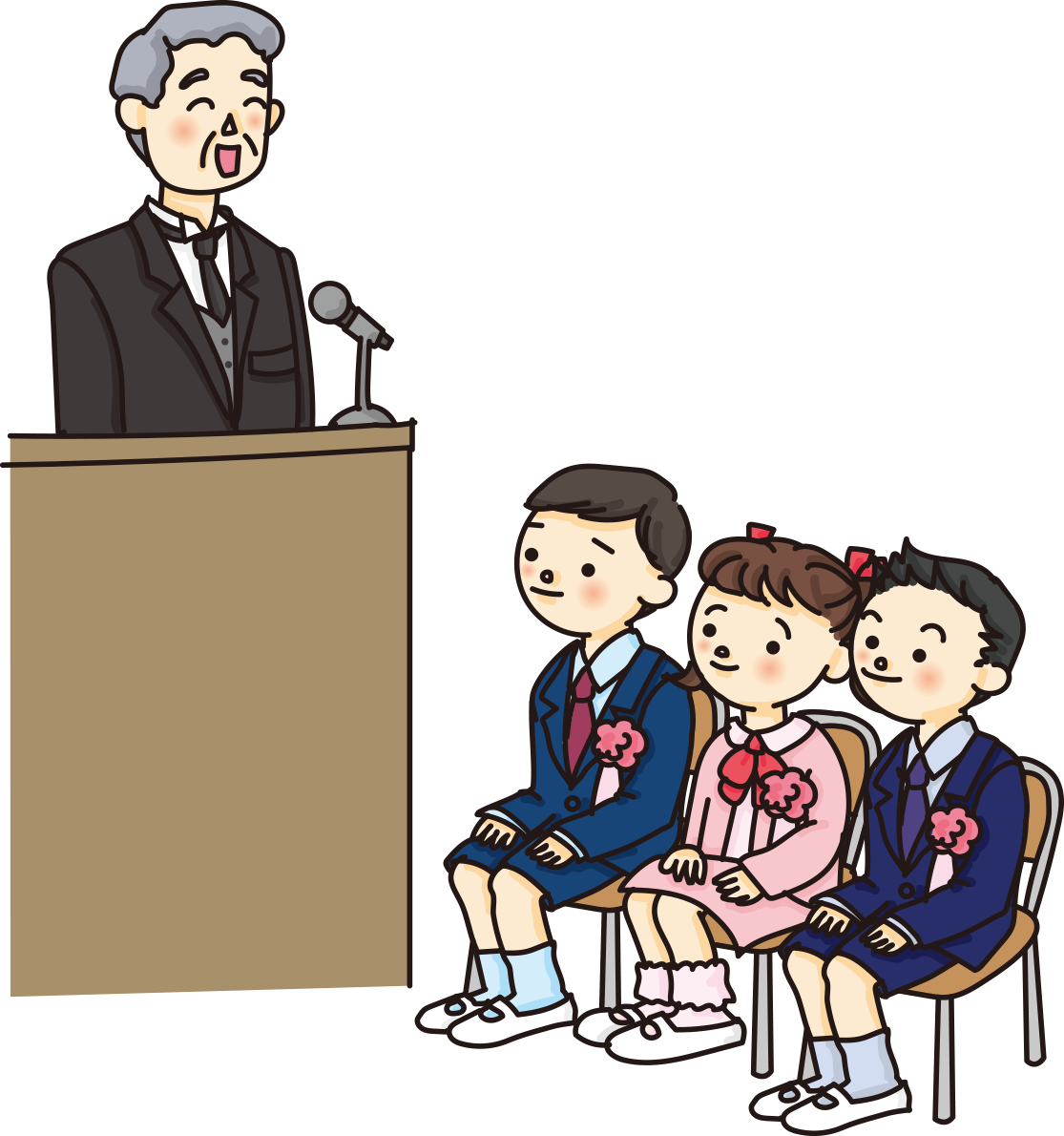 入学式校長先生のスピーチで子供たちが一生懸命聞く無料イラスト62679に写真・文字を入れる