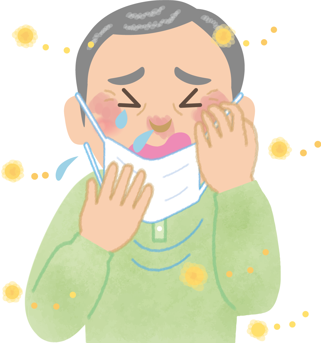 おじいちゃんの花粉症 無料イラスト(マスク くしゃみ 鼻水 目の痒み)62738に写真・文字を入れる