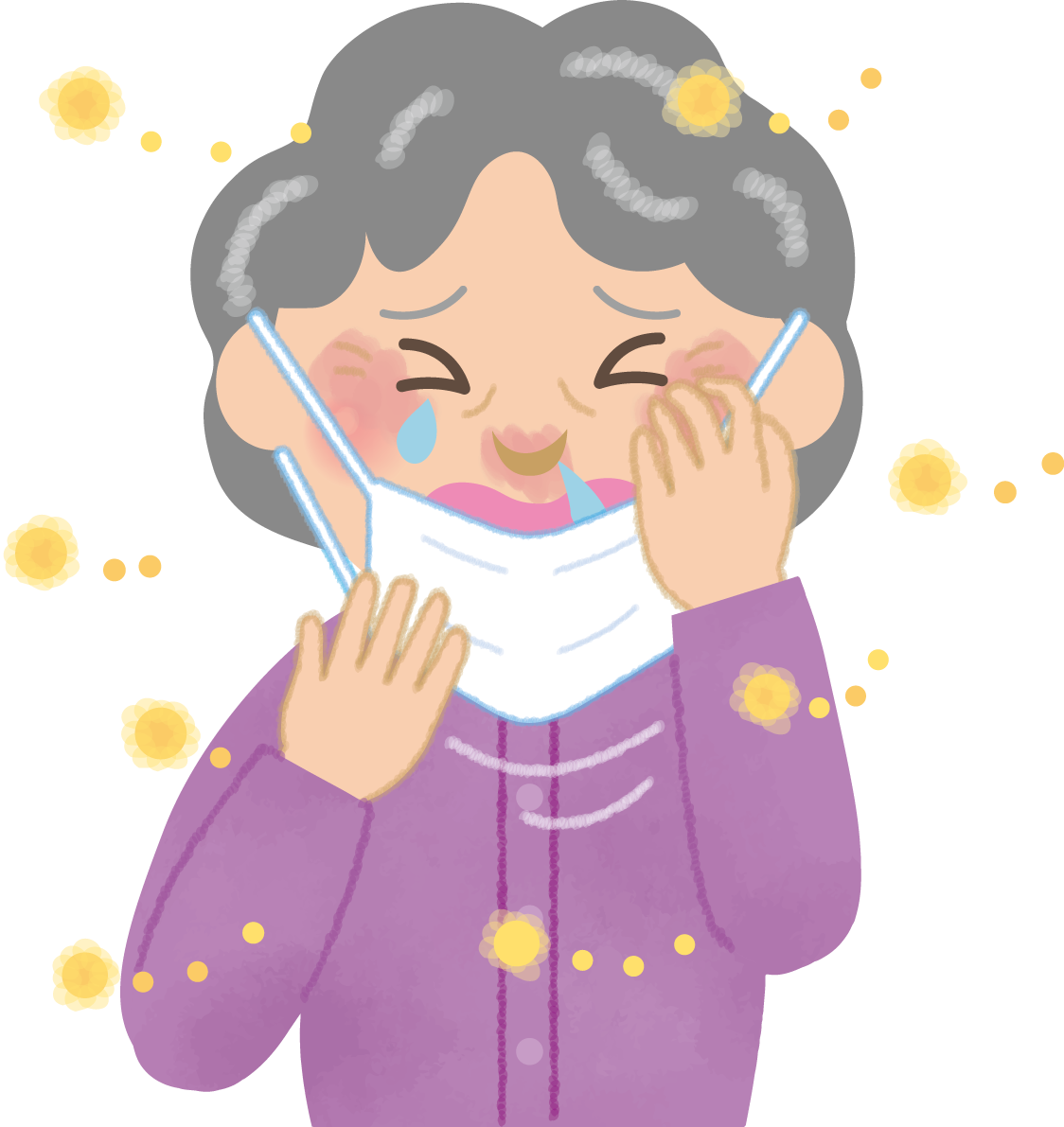 おばあちゃんの花粉症 無料イラスト(マスク くしゃみ 鼻水 目の痒み)62742に写真・文字を入れる