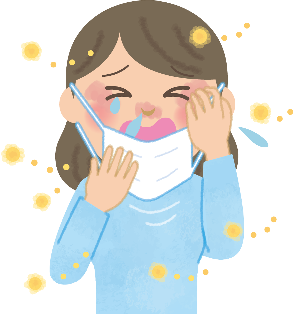 お母さん(主婦)の花粉症 無料イラスト(マスク くしゃみ 鼻水 目の痒み)62750に写真・文字を入れる