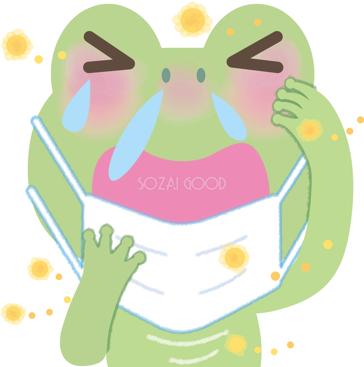 カエルの花粉症 無料イラスト(マスク くしゃみ 鼻水 目の痒み)62754