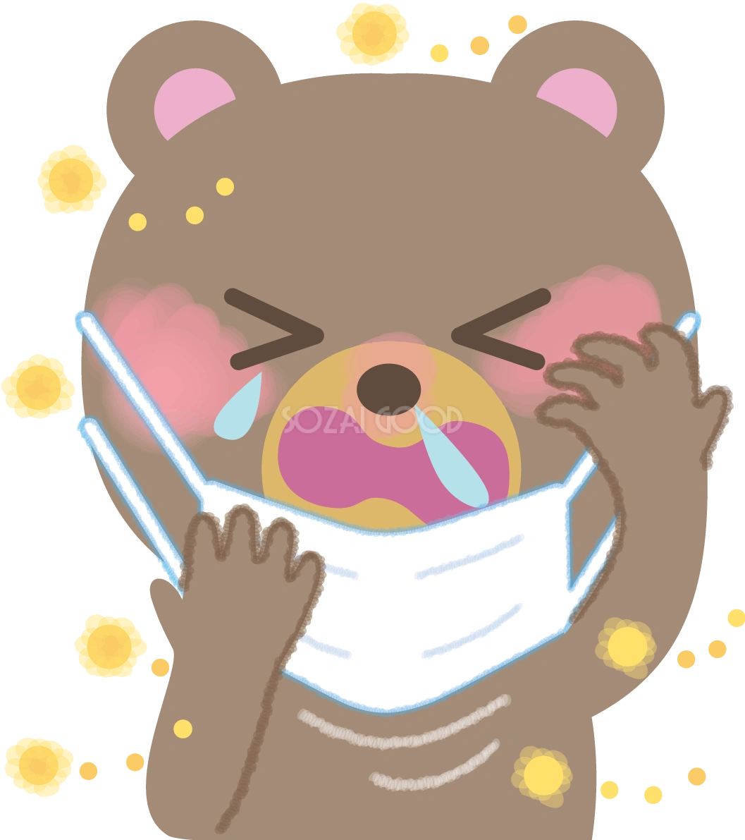 クマの花粉症 無料イラスト(マスク くしゃみ 鼻水 目の痒み)62758