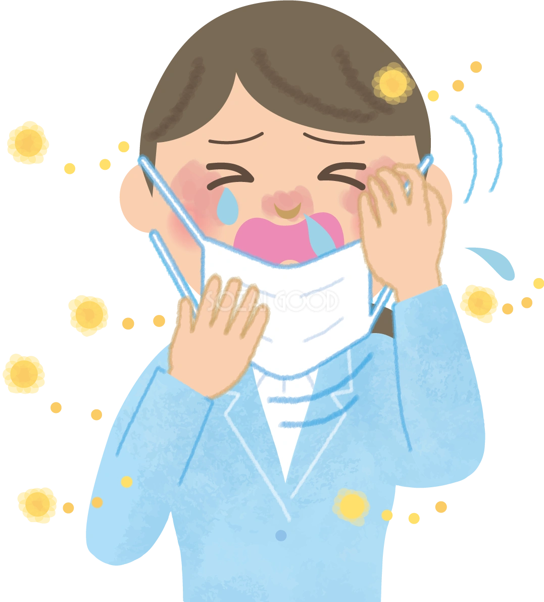 会社員(女性)の花粉症 無料イラスト(マスク くしゃみ 鼻水 目の痒み)62794